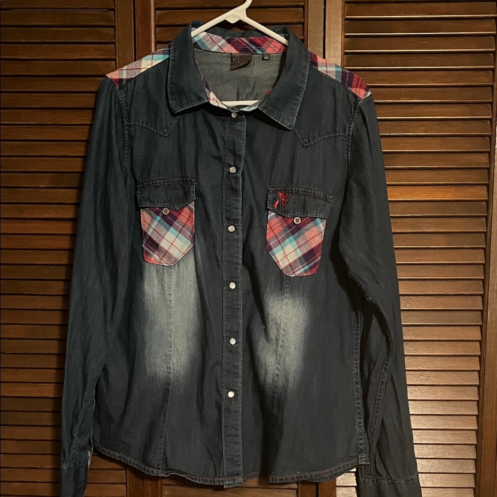 Women's Denim Button Down Shirt with Plaid Accents